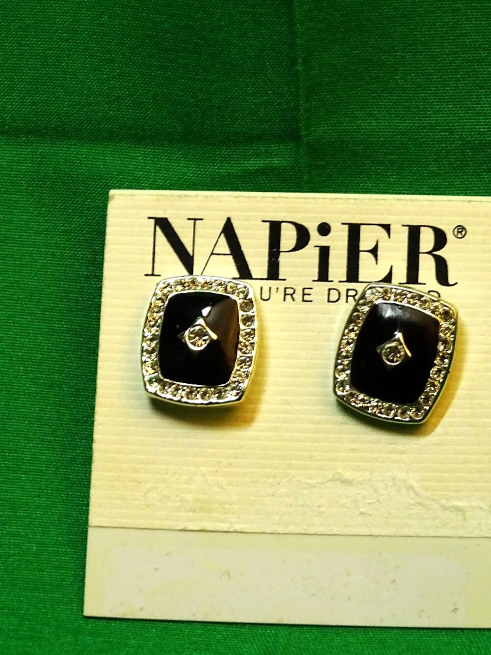 Napier Silver Tone Black Enamel with Crystals Pierced Earrings Vintage